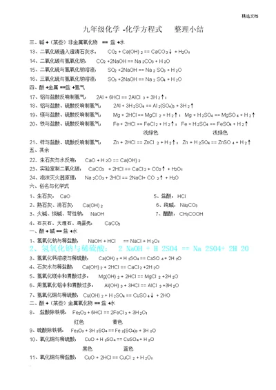 初中九年级的酸及碱化学方程式小结