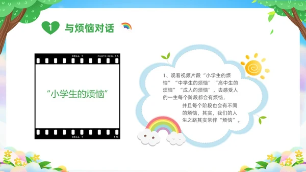 绿色清新卡通儿童中小学让成长不烦恼面对烦恼主题班会PPT