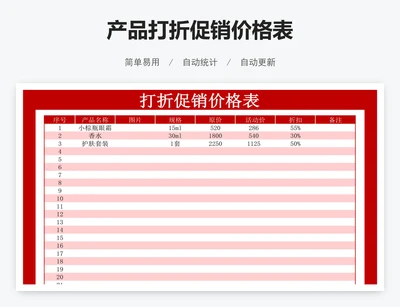 产品打折促销价格表