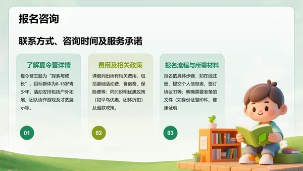 绿色3D风暑假夏令营行程介绍PPT模板