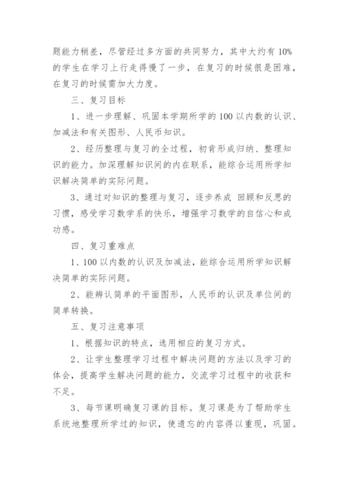 一年级数学下册复习计划人教版_一年级数学复习计划总结.docx