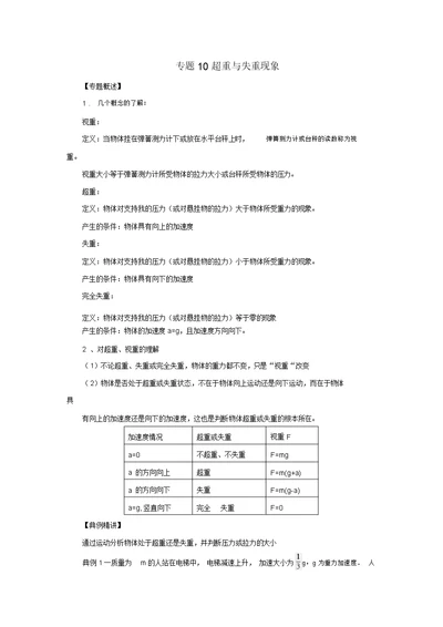 2017-2018学年高一物理力学专题提升专题10超重与失重现象