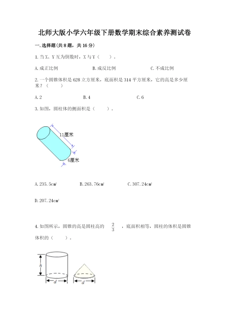 北师大版小学六年级下册数学期末综合素养测试卷含答案【新】.docx