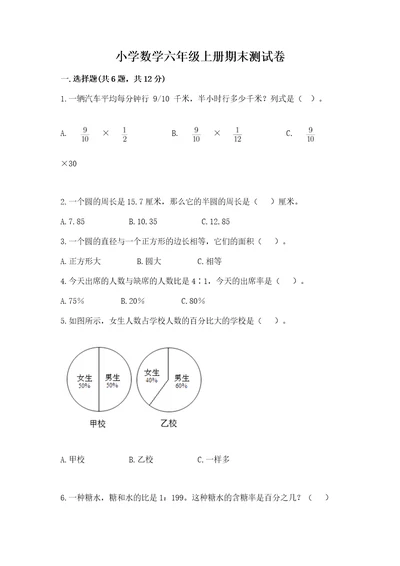 小学数学六年级上册期末测试卷及参考答案（综合题）