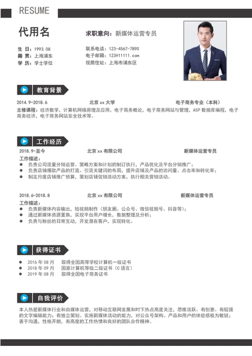 大气新媒体运营专员简历模板word个人简历