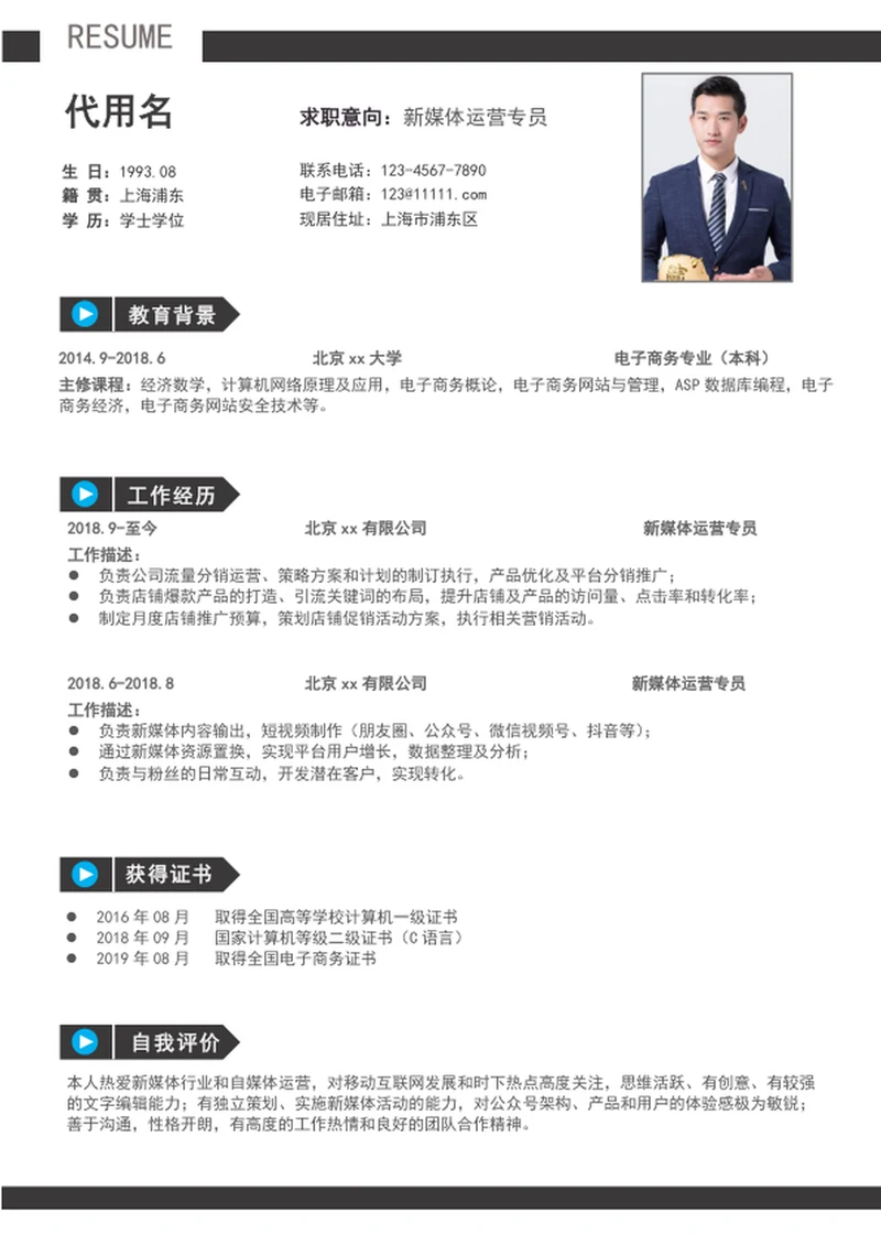 大气新媒体运营专员简历模板word个人简历