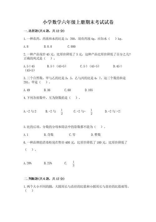 小学数学六年级上册期末考试试卷（考点梳理）wod版
