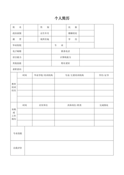 简单个人简历表格模板空白通用