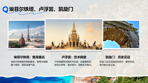 蓝色摄影风欧洲经典路线旅行攻略PPT模板