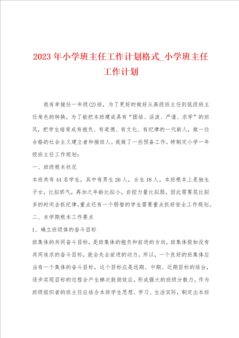 2023年小学班主任工作计划格式