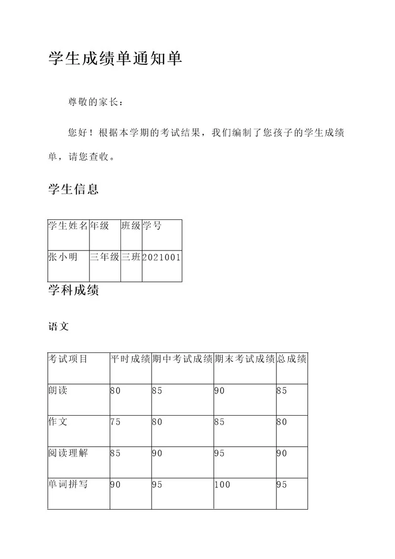 小学学生成绩单通知单