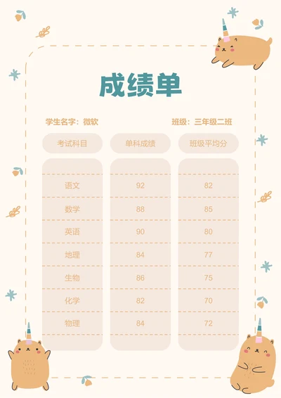 黄色可爱卡通插画成绩单