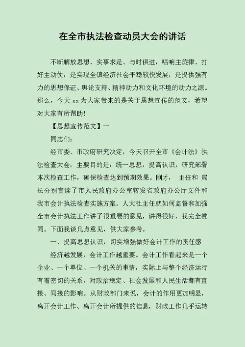 在全市执法检查动员大会的讲话范文