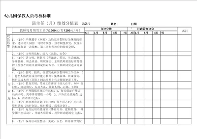 幼儿园教职工绩效考核表附