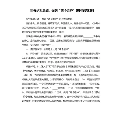 坚守忠诚，做到“两个维护研讨发言材料