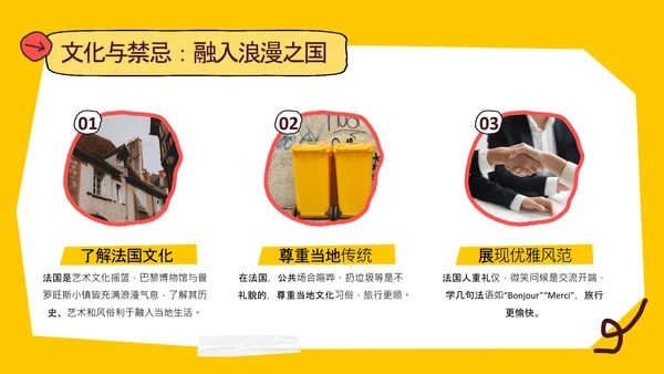 橙黄色简约手绘拼贴法国旅游攻略PPT模板