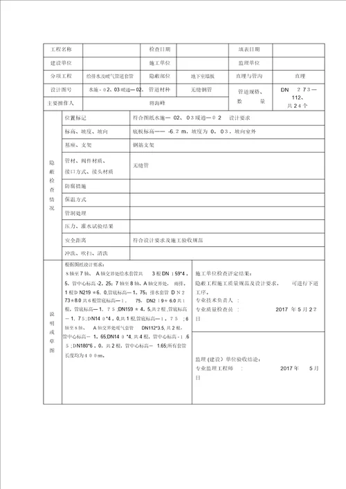 管道隐蔽工程检查验收记录范本模板