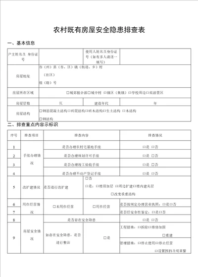 农村既有房屋安全隐患排查表