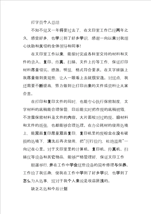 打字员个人工作总结报告例文