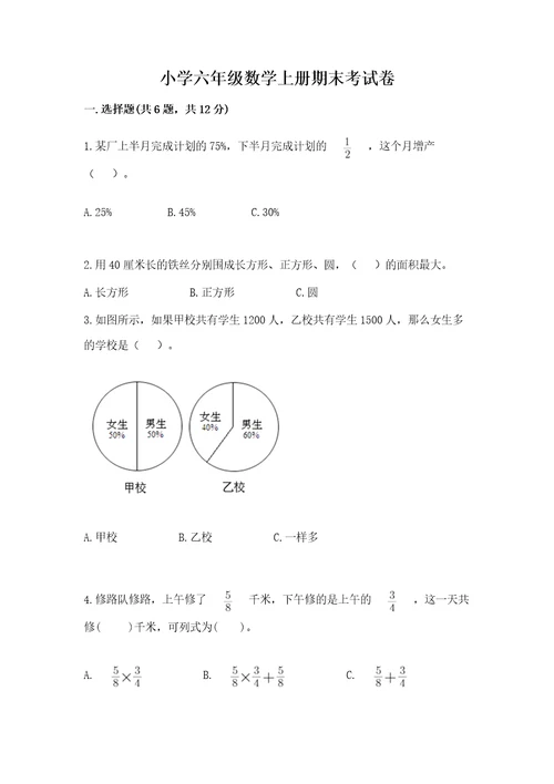 小学六年级数学上册期末考试卷及一套参考答案