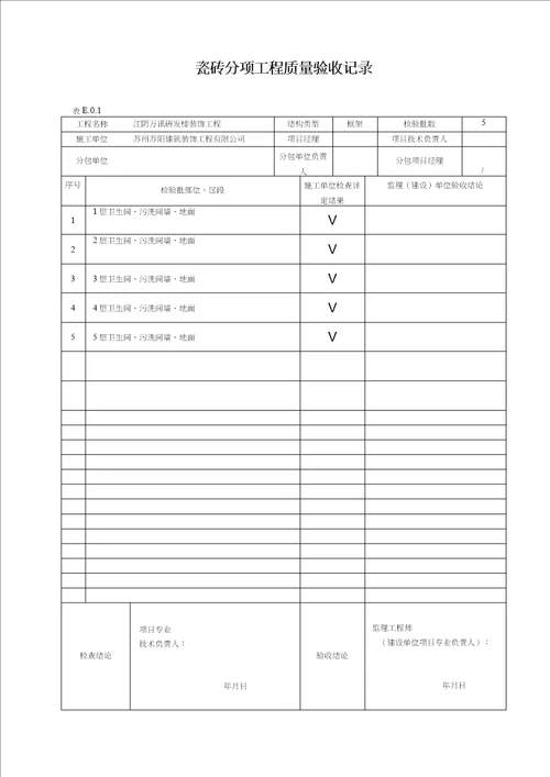 装饰工程分部分项检验批质量验收记录文本表