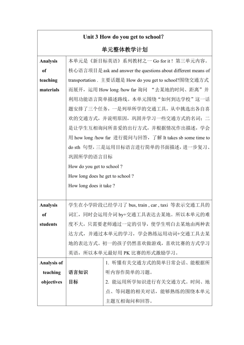 【核心素养目标】Unit 3 How do you get to school  单元整体教学计划表
