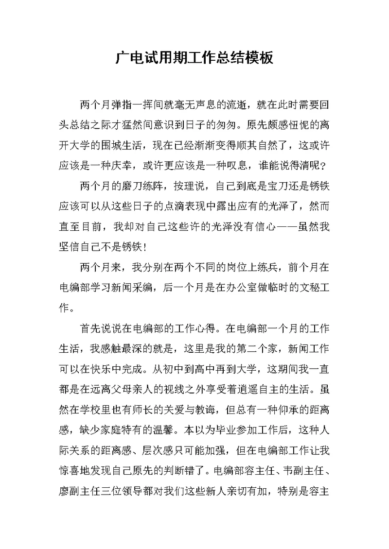 广电试用期工作总结模板