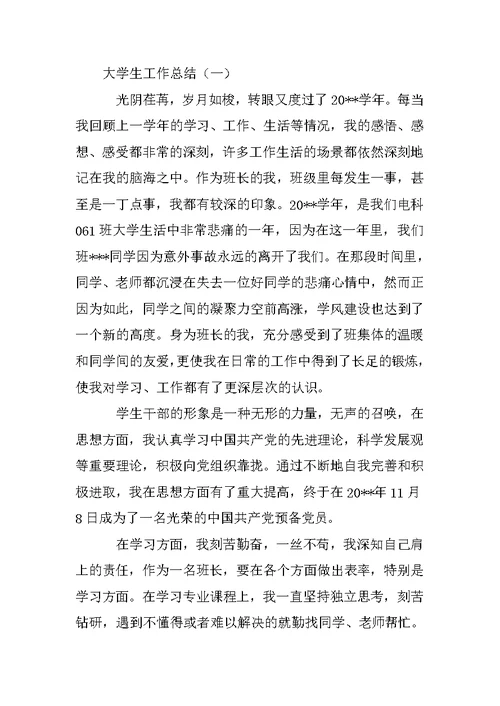 -XX年大学生工作总结
