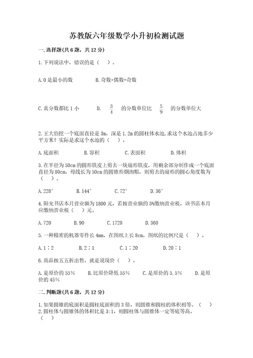 苏教版六年级数学小升初检测试题含完整答案名师系列