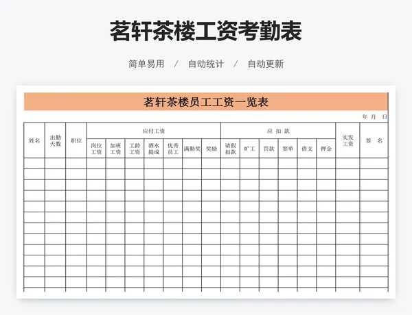 茗轩茶楼工资考勤表