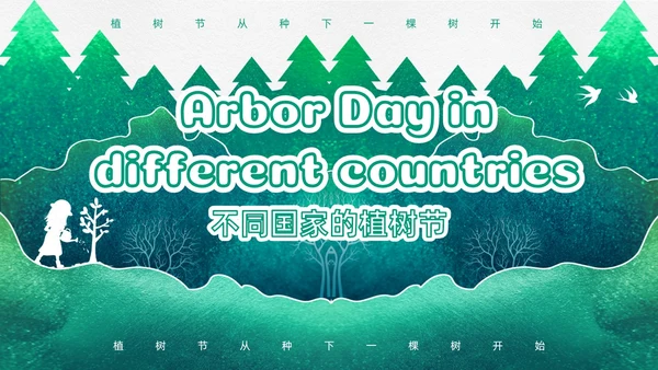 绿色渐变鎏金剪影312植树节英文介绍课件PPT