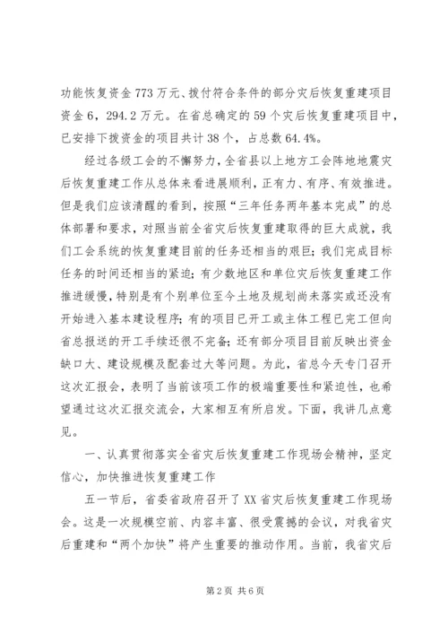 在全省县以上地方工会阵地地震灾后恢复重建工作汇报会上的讲话.docx