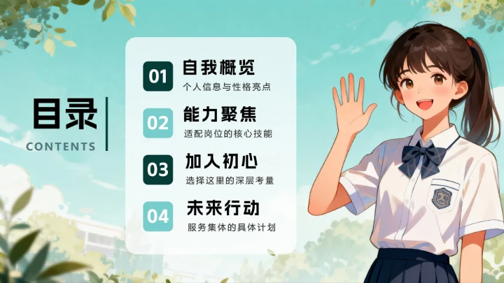 绿色清新手绘卡通风校园学生会面试自我介绍PPT模板