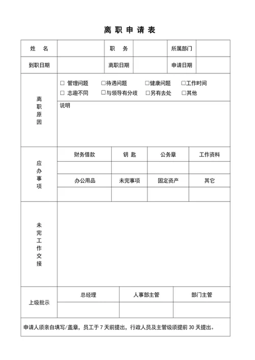 公司员工离职申请表模板员工离职表word