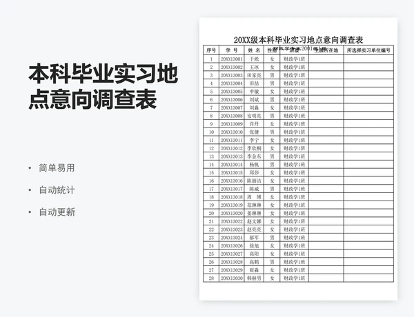 本科毕业实习地点意向调查表