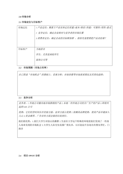 大学生商业创业计划书框架模板
