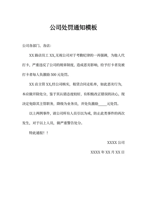 公司处罚通知模板