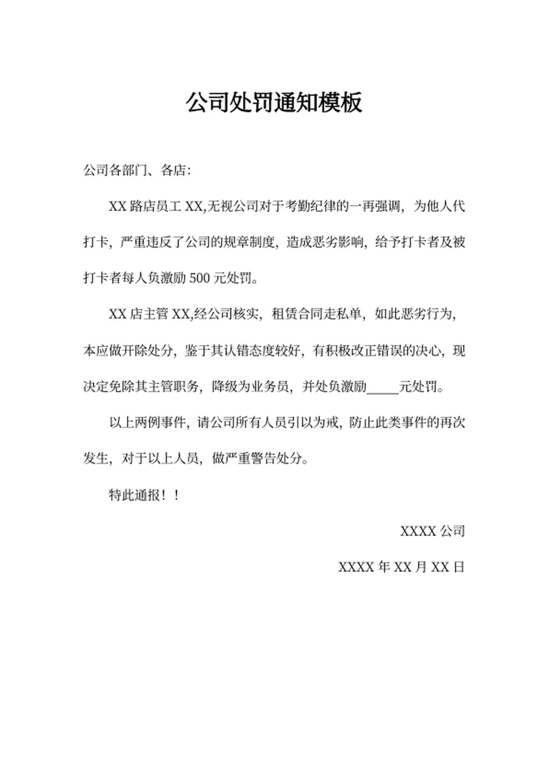 公司处罚通知模板