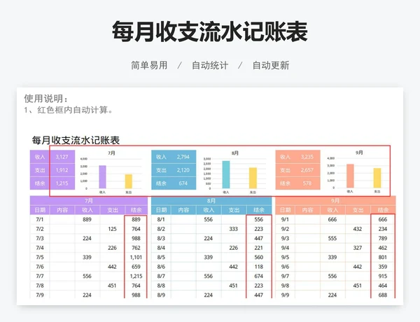 每月收支流水记账表