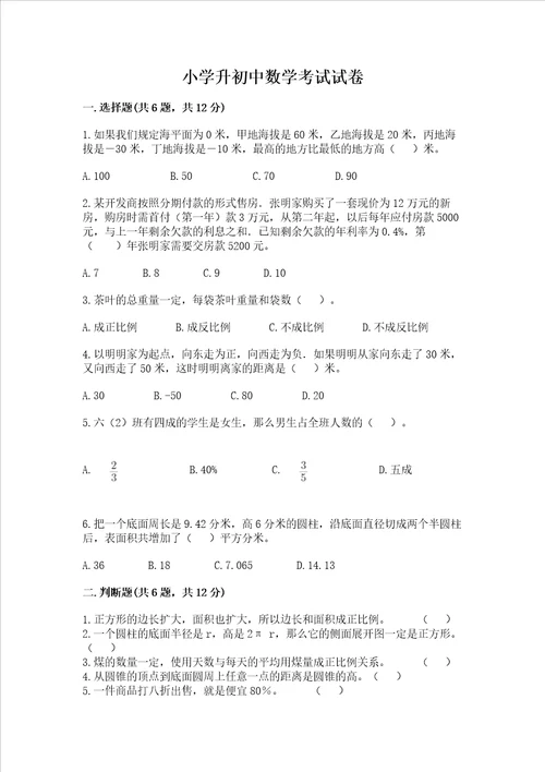 小学升初中数学考试试卷【名师推荐】