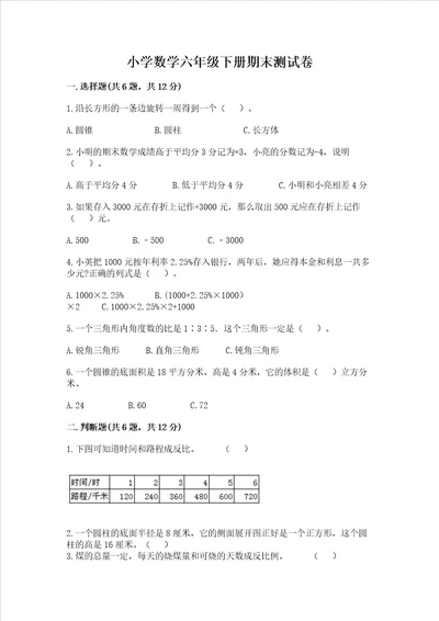 小学数学六年级下册期末测试卷附答案（b卷）