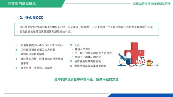 蓝绿色商务风QCC品管圈医疗质量管理品管圈医务人员培训