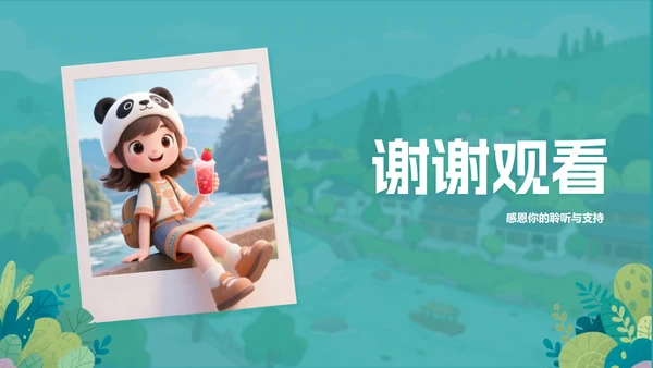 蓝绿色卡通插画可爱都江堰旅游攻略PPT模板