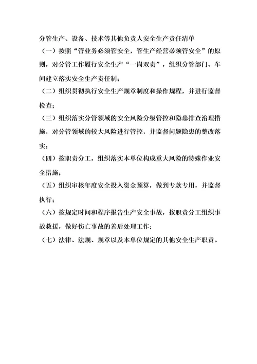 分管生产、设备、技术等其他负责人安全生产责任清单