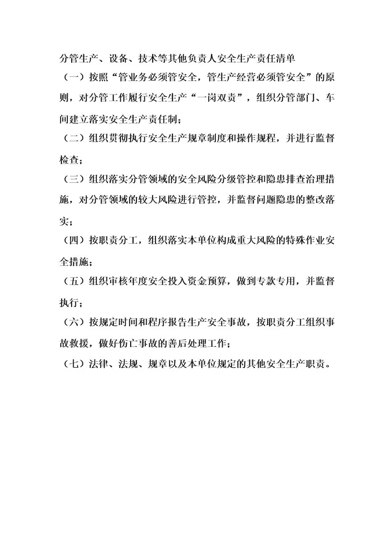 分管生产、设备、技术等其他负责人安全生产责任清单