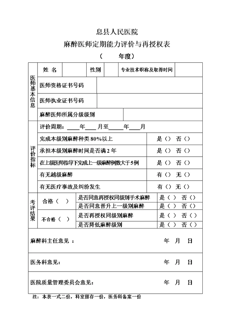 麻醉医师定期能力评价再授权表》、《麻醉资质授权申请表》(共2页)