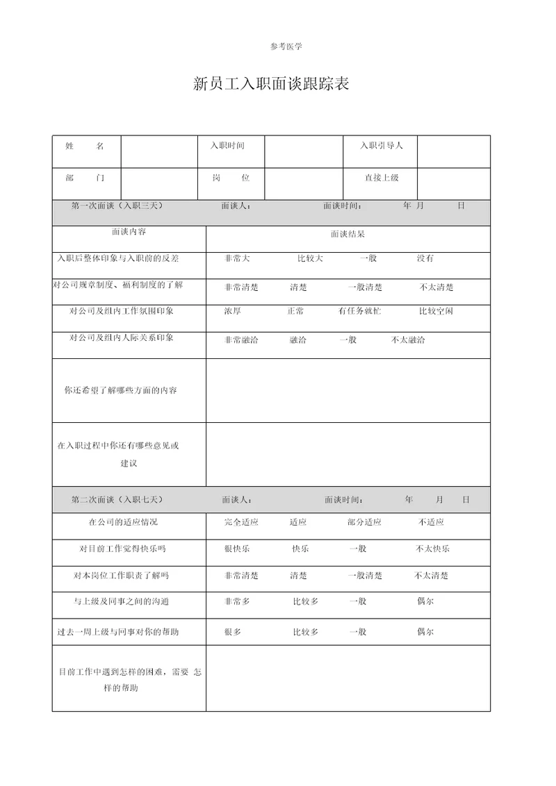 新员工入职面谈跟踪表