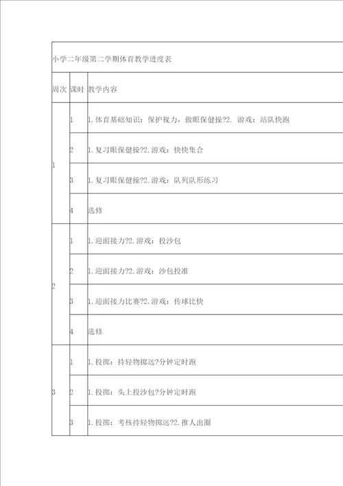 小学二年级第二学期体育教学进度表