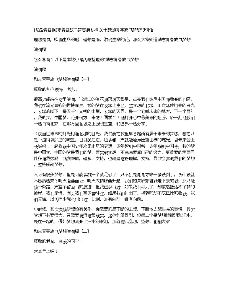 [热爱青春]励志青春放飞梦想演讲稿,关于鼓励青年放飞梦想的讲话