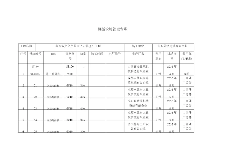 机械设备管理台账